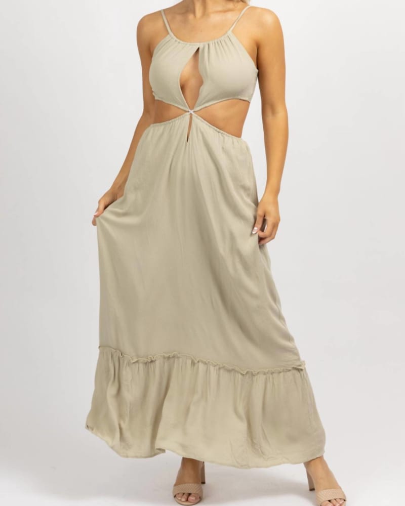 Front of a model wearing a size L Tie Back Maxi Dress In Greige in Greige by ENDLESS BLU.. | dia_product_style_image_id:354706